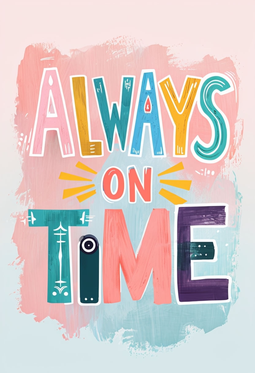 Vibrant Always On Time Motivational Art with Playful Brush Background Poster