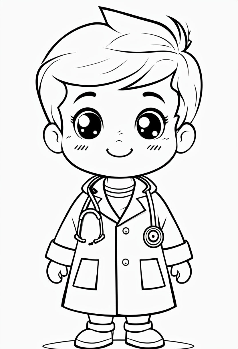 Cheerful Cartoon Doctor Character Line Drawing Coloring Page