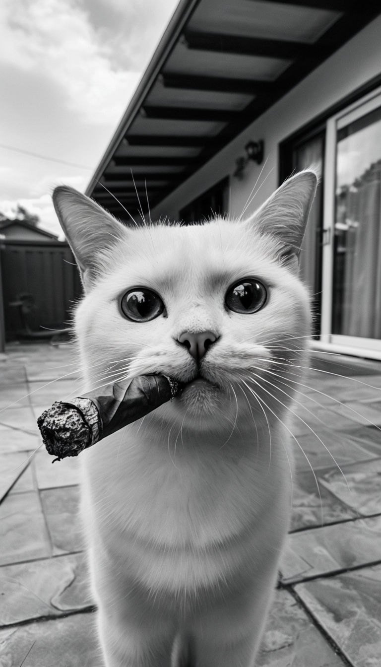 Playful White Cat with Cigar Black and White Photo Mobile Wallpaper