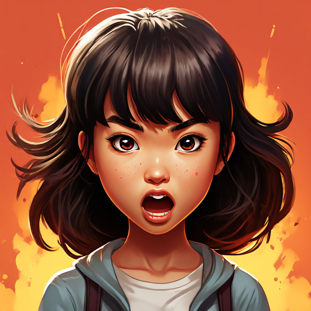 Cute very angry tween asian girl with bangs illustrated by Wayne Thai ...