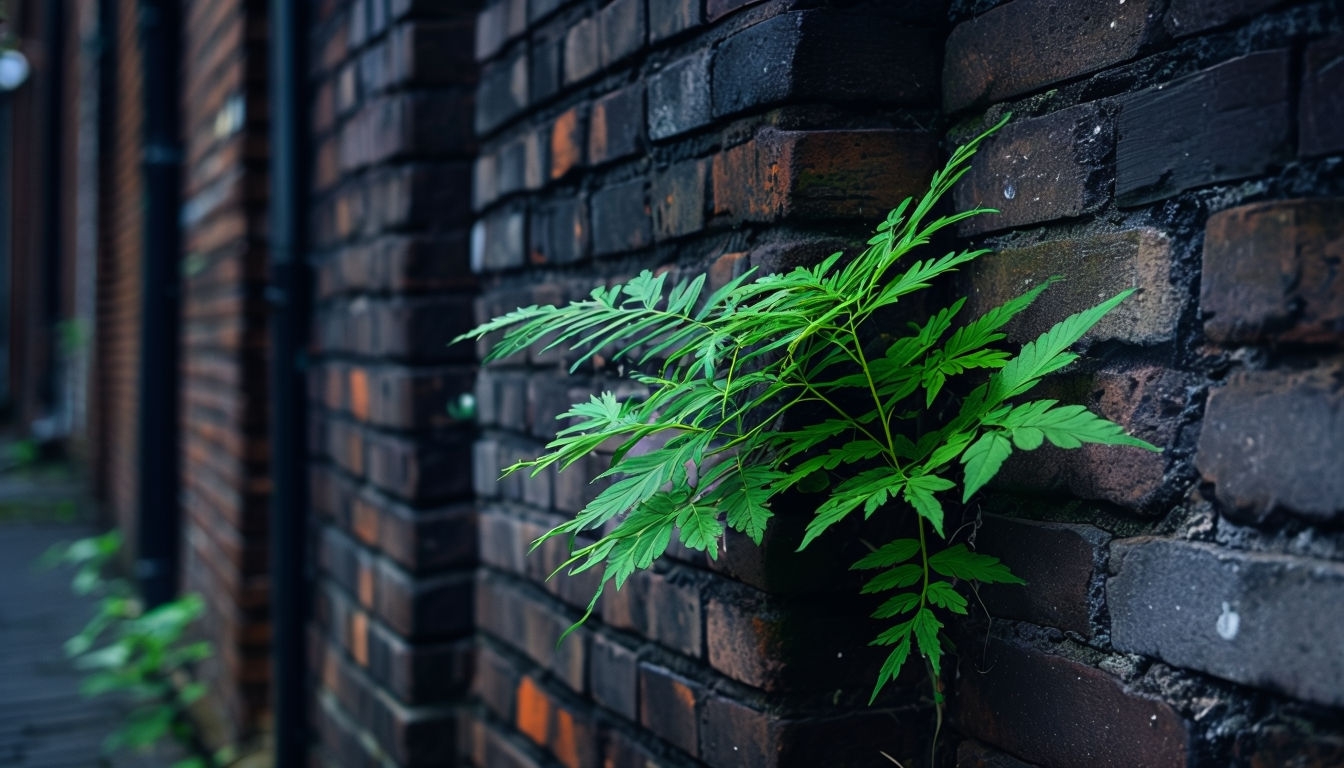 Resilient Green Leaves Against Urban Brick Wall Backgrounds