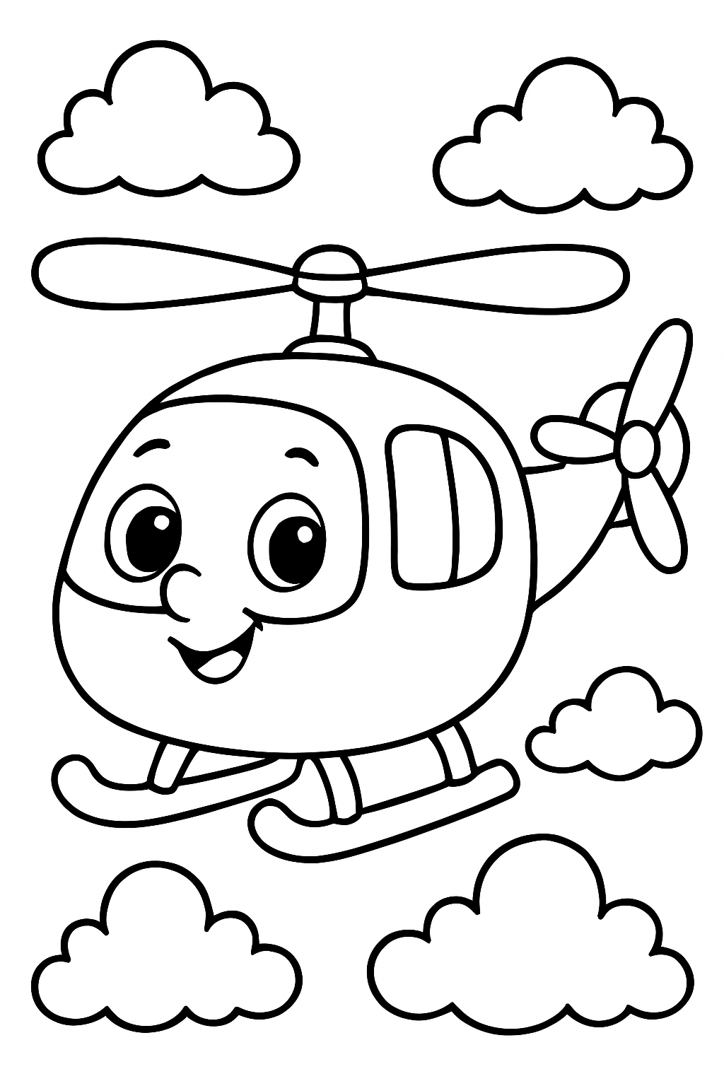 Cheerful Cartoon Helicopter with Fluffy Clouds Coloring Page