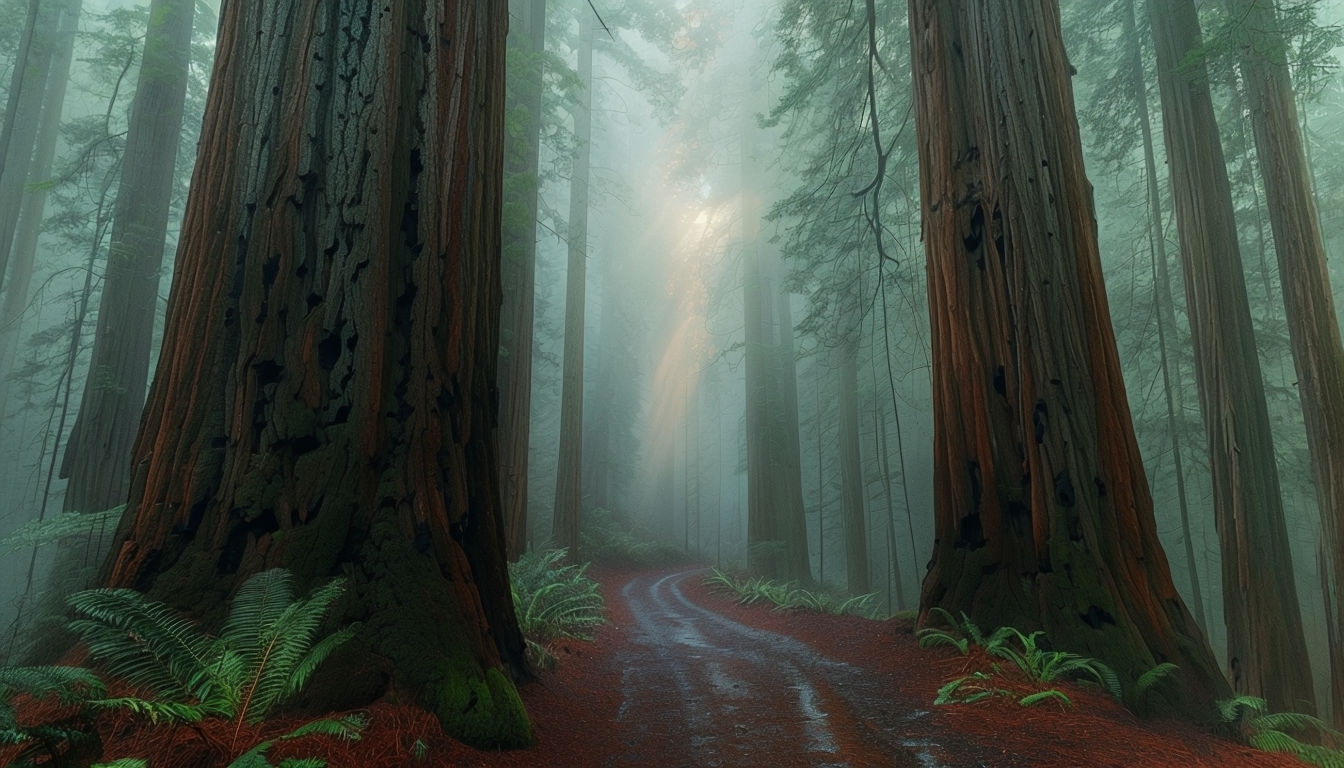 Atmospheric Redwood Forest Hiking Trail Illustration Background