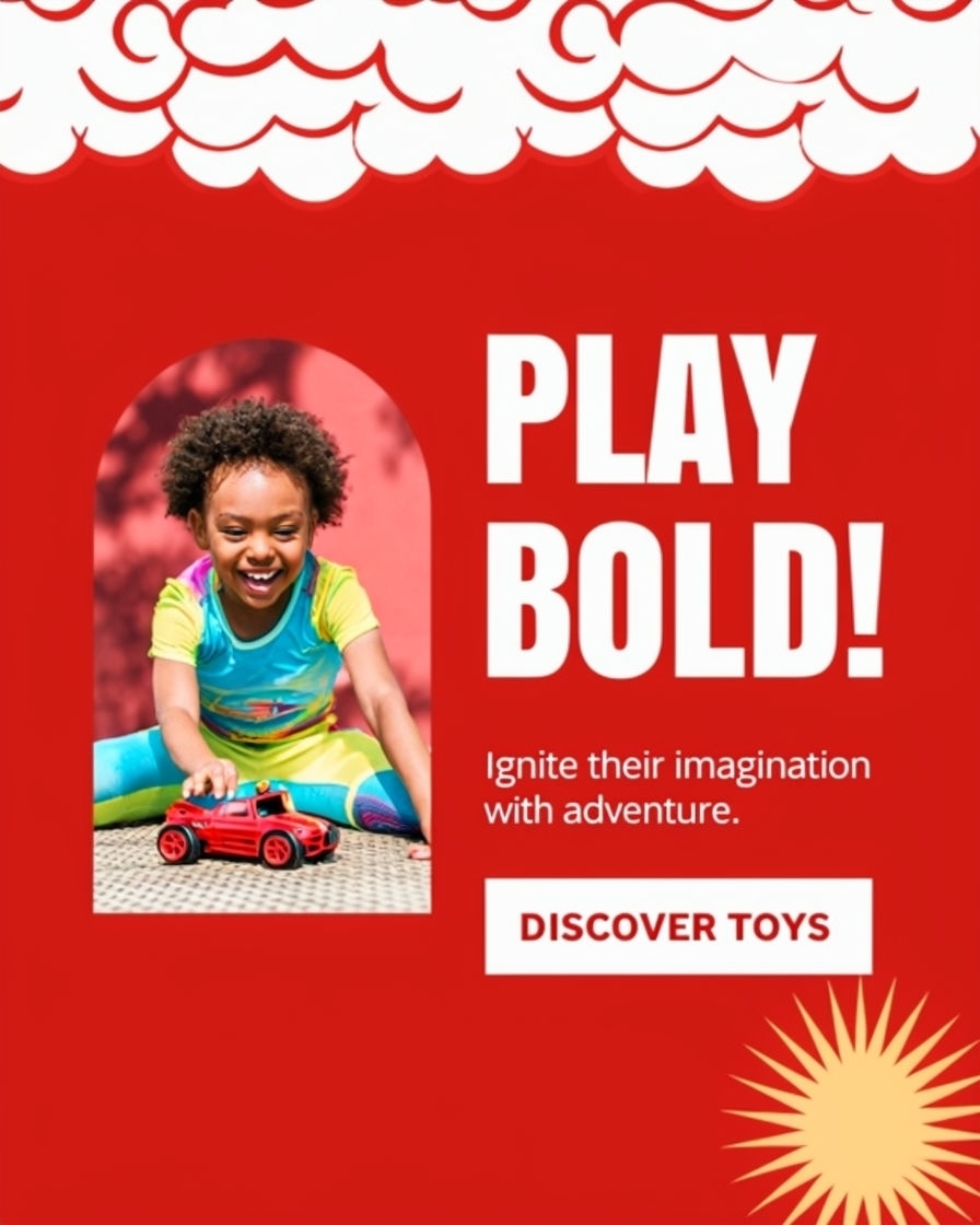 Cheerful Child Playing with Race Car in Bold Toy Advertisement Ads