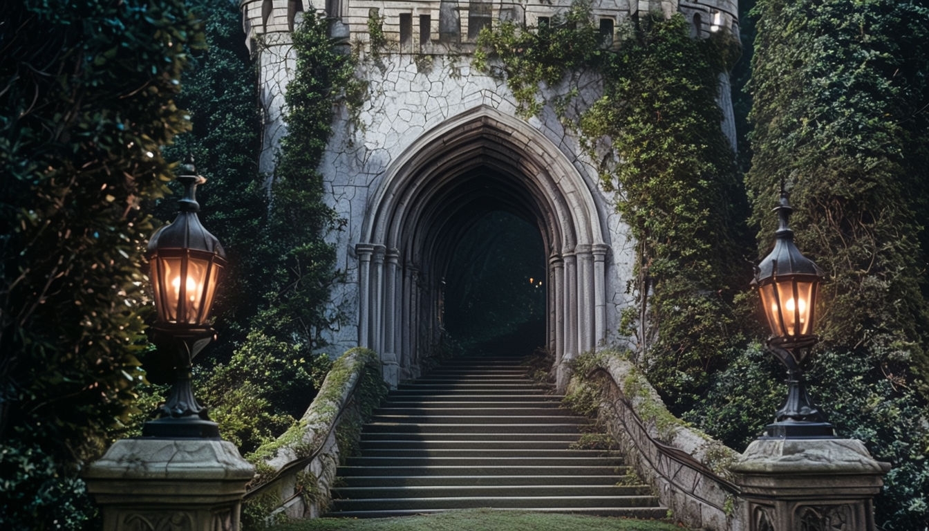 Gothic Stone Archway Surrounded by Dark Ivy Virtual Background