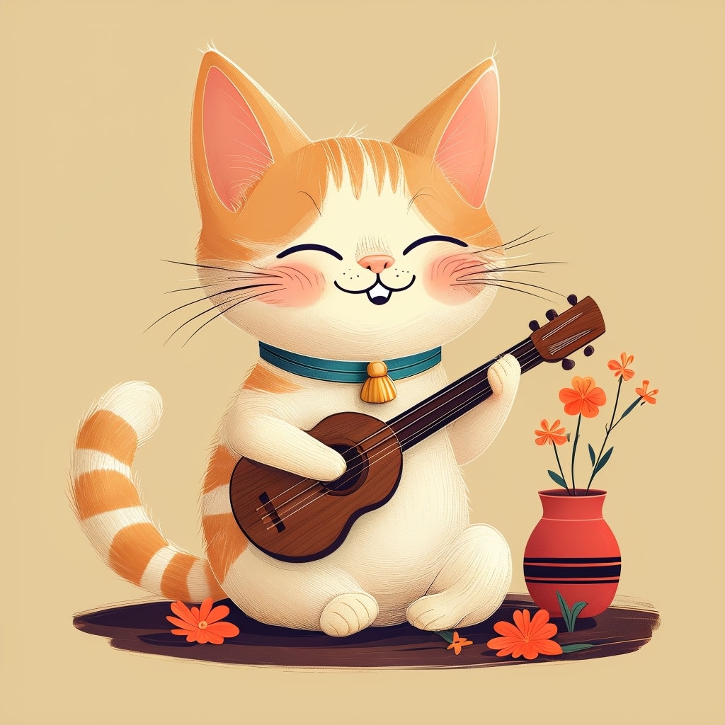 Whimsical Cartoon Cat with Guitar and Flowers Illustration Art