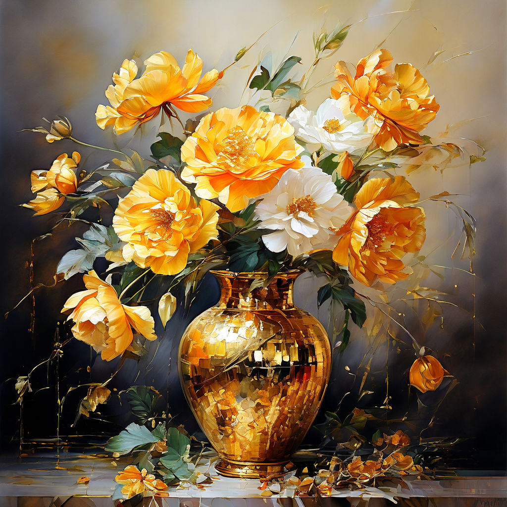 Prompt: oil paintings flowers Watercolor pastel and gold colours bring to life inbreathtaking floral -a golden vase