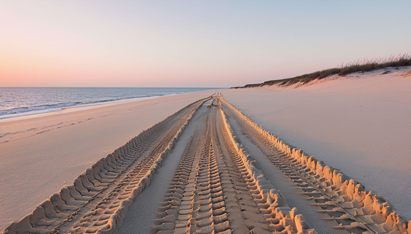 Serene Beach Sunset with Tire Tracks Landscape Photography Virtual Backgrounds