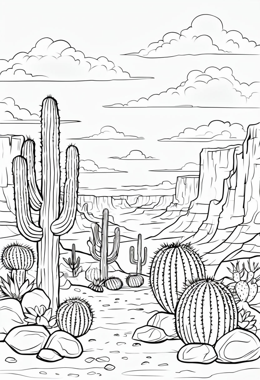 Intricate Black and White Desert Landscape Line Art Poster