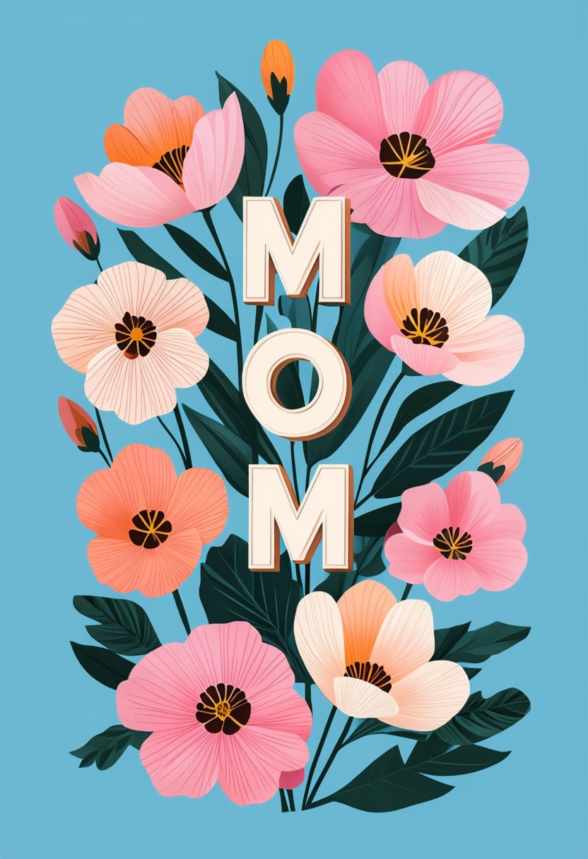 Vibrant Floral MOM Illustration for Mother's Day Card