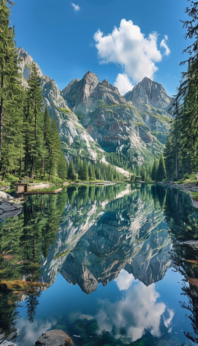 Serene Mountain Lake Reflection with Pine Forests Art