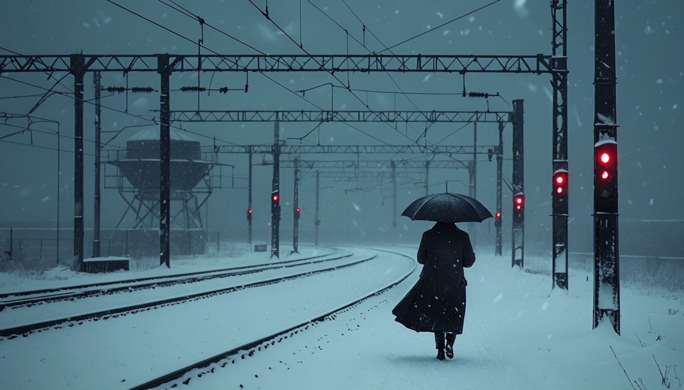 Solitary Figure on Snowy Railway Platform Night Scene Background
