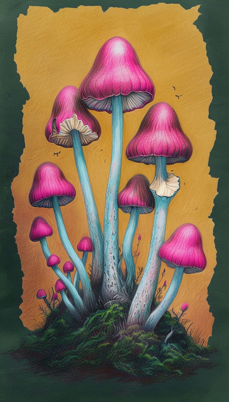 Vibrant Fantasy Mushroom Sketch in Colored Pencil Art Mobile Wallpaper