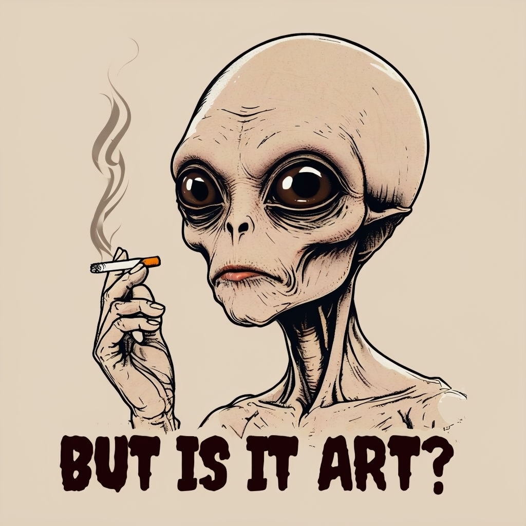 Contemplative Alien with Cigarette and 'But Is It Art?' T-Shirt