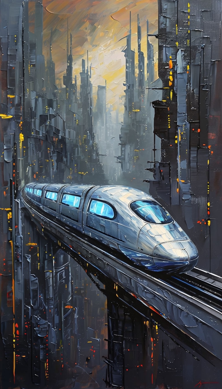 Futuristic Silver Monorail Train in Blade Runner City Art