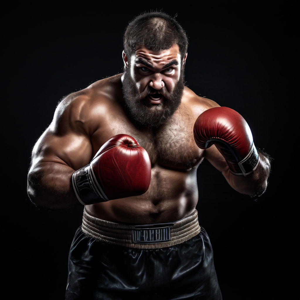 Close-up of a huge fat burly muscular brawny hairy bearded man getting  punched in the head in a super heavyweight boxing match