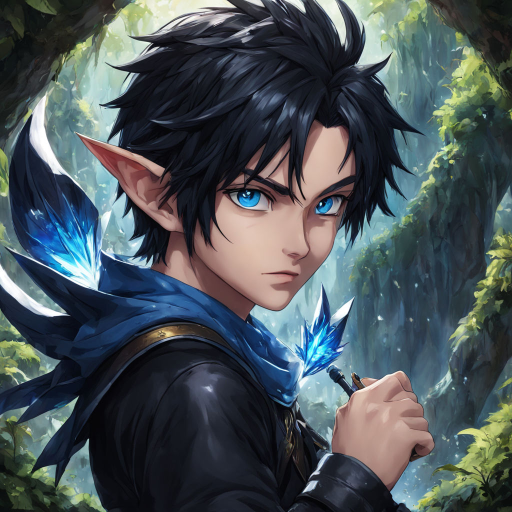 full body anime naked dark skin elf with dark blue hair