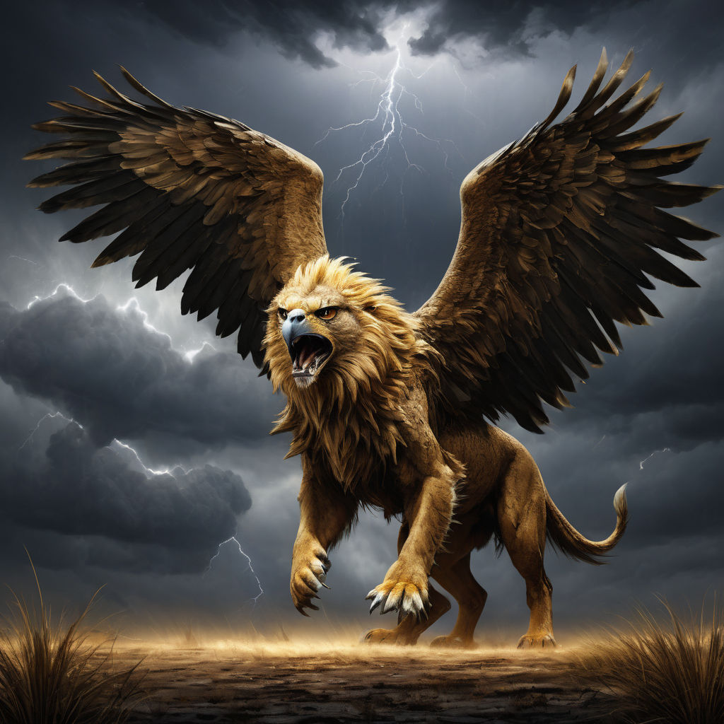 Golden-furred lion-eagle hybrid roaming majestically through... by ...