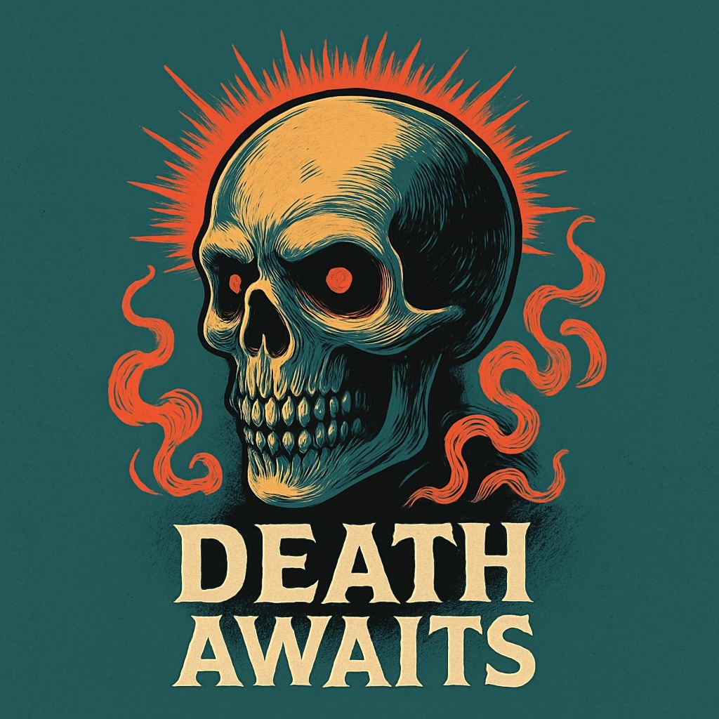 Eerie Skull with Glowing Eyes and Death Awaits Text T-Shirt