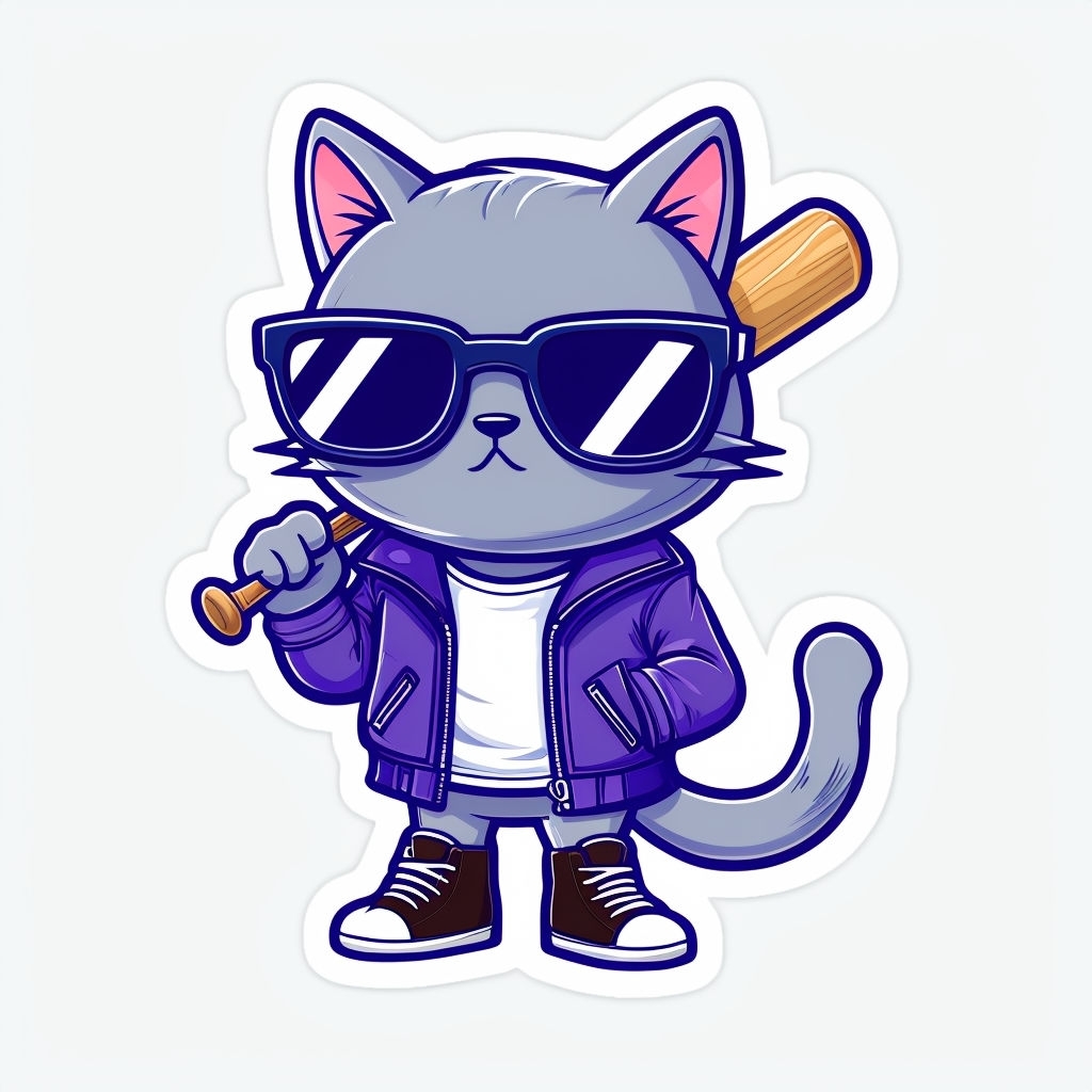 Cool Gray Cat Character with Sunglasses and Baseball Bat Sticker