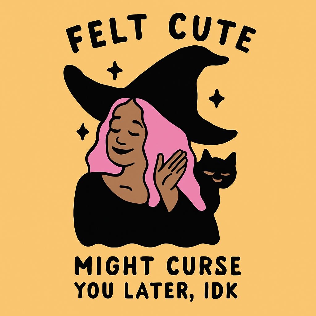 Cheerful Witch with Black Cat and Playful Text T-Shirt