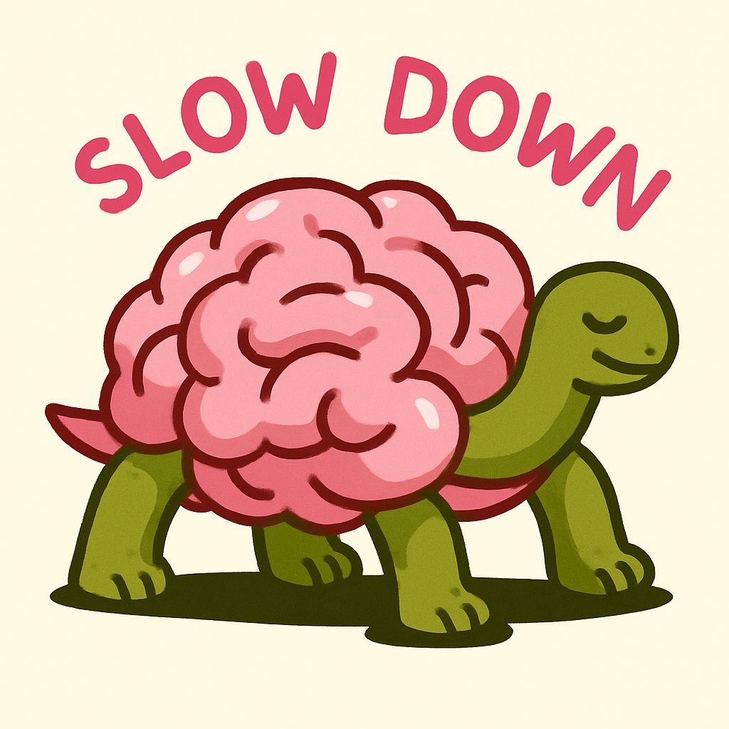 Playful Brain-Shell Turtle with 'Slow Down' Text T-Shirt