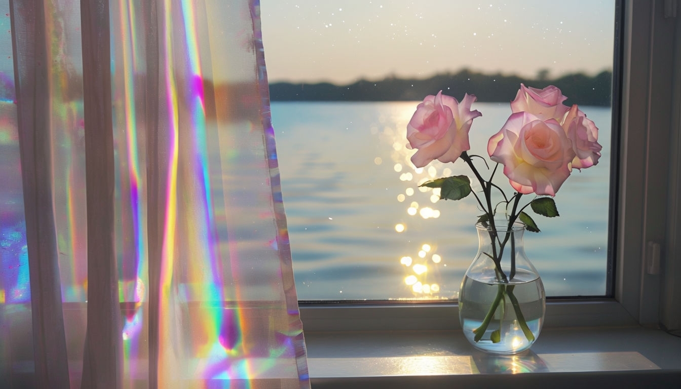 Tranquil Window View with Soft Pink Roses Virtual Background