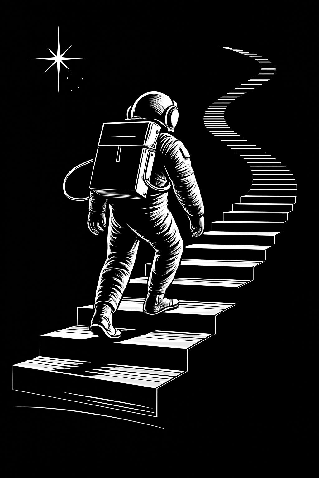 Black and White Astronaut on Staircase Exploration T-Shirt