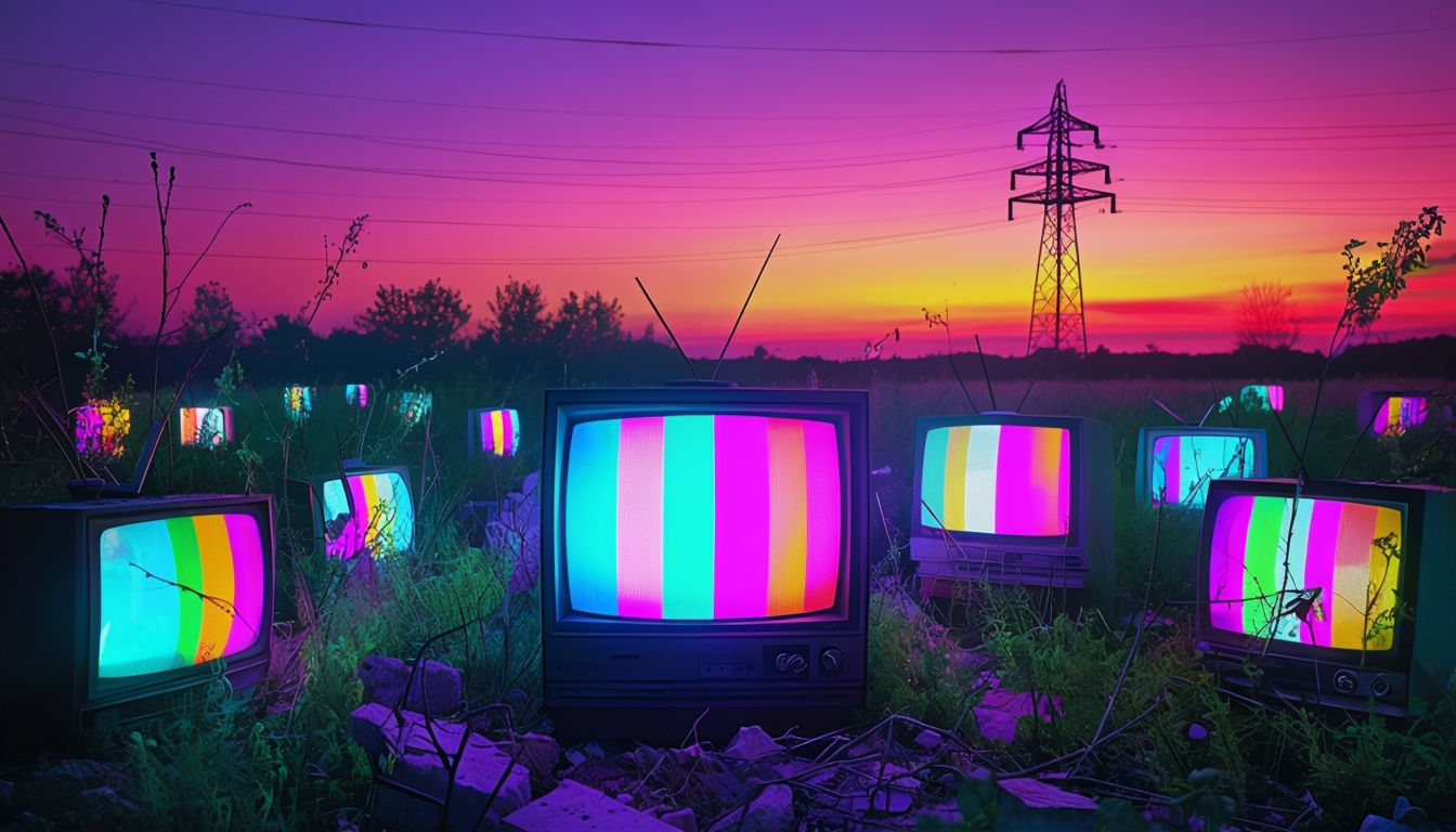 Eerie Neon CRT TVs in Abandoned Field Virtual Background