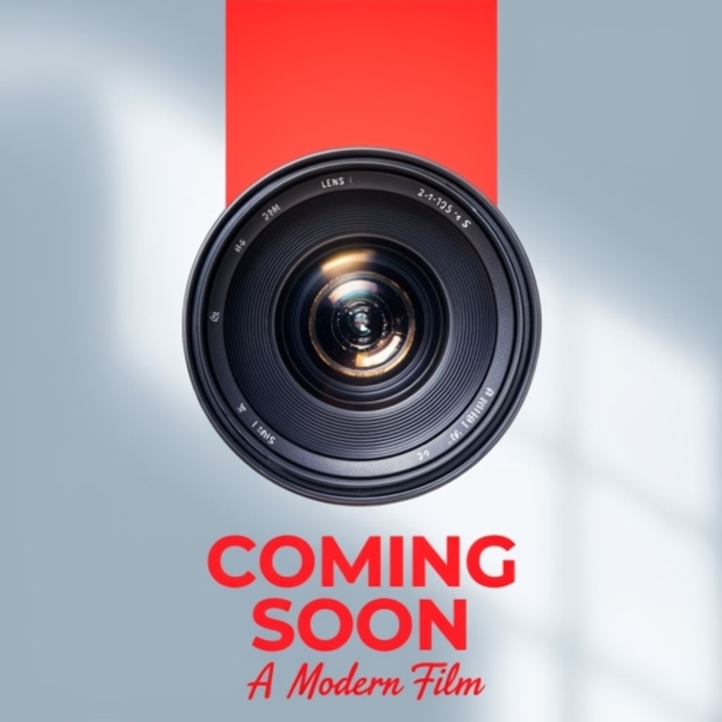 Modern Camera Lens Advertisement with Bold 'Coming Soon' Text Social Media Post