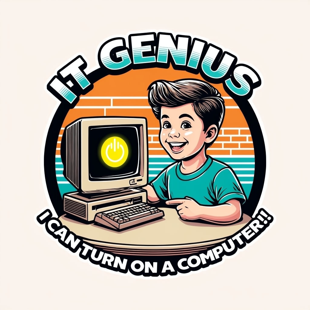 Cheerful Retro Tech Kid with Vintage Computer T-Shirt