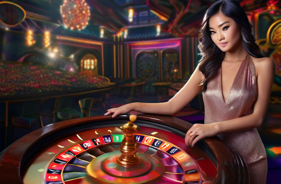 Asian girl standing next to a glossy velvet-covered roulette table, numbers and colors vivid against the backdrop of an elegant casino, ambient lighting reflecting off golden chips, surrounded by an air of suspense and chance, digital painting with cinematic lighting.