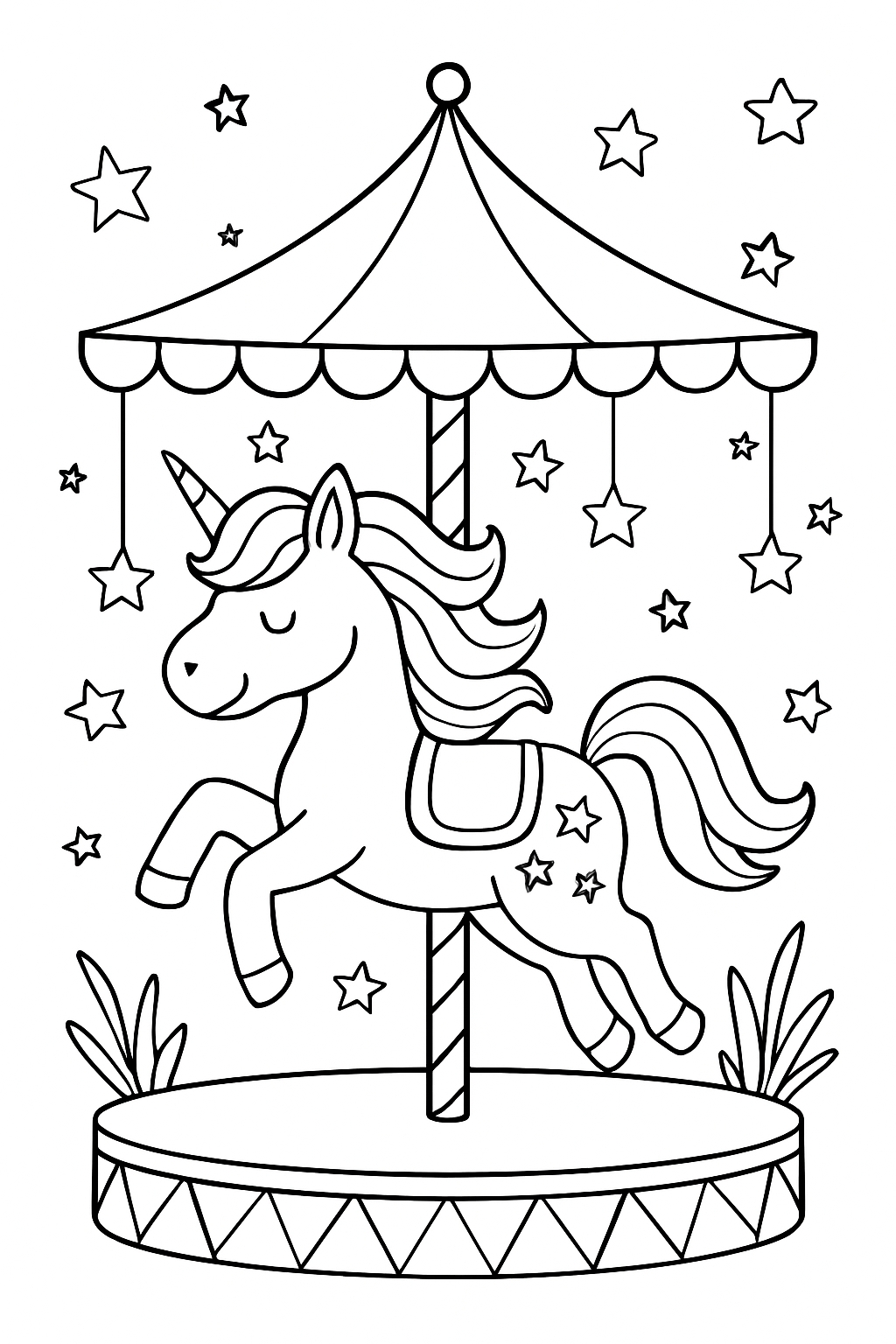 Whimsical Unicorn Carousel Line Art for Coloring Book Pages