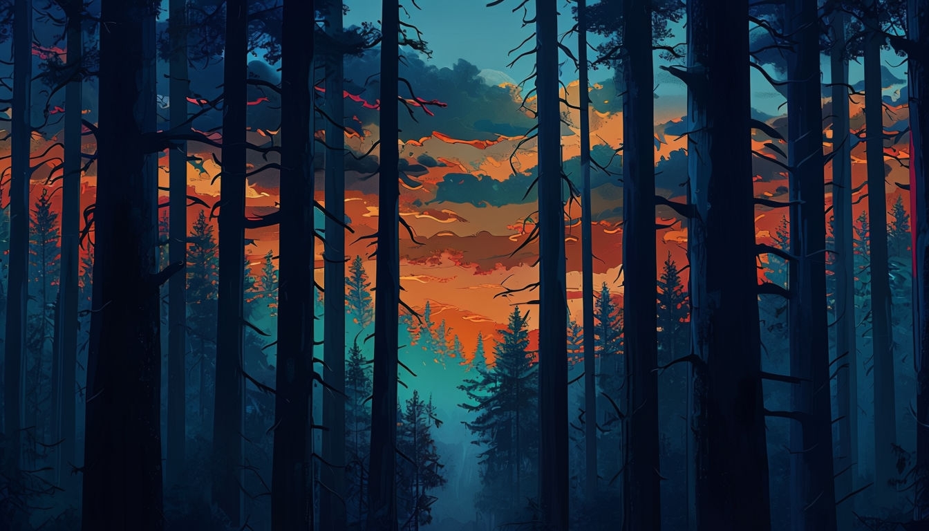Serene Dusk Forest Scene with Dramatic Sky Virtual Background