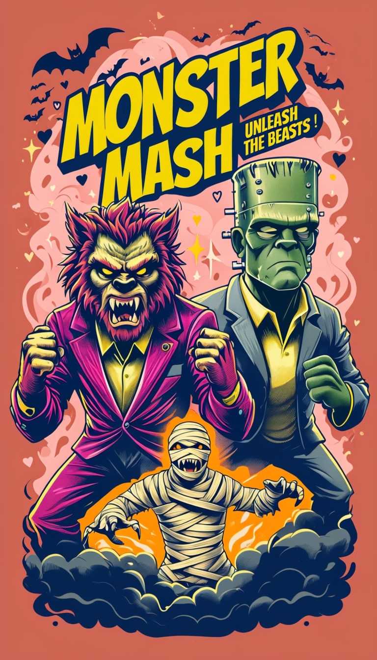 Vibrant Halloween Monster Mash Comic Art Poster