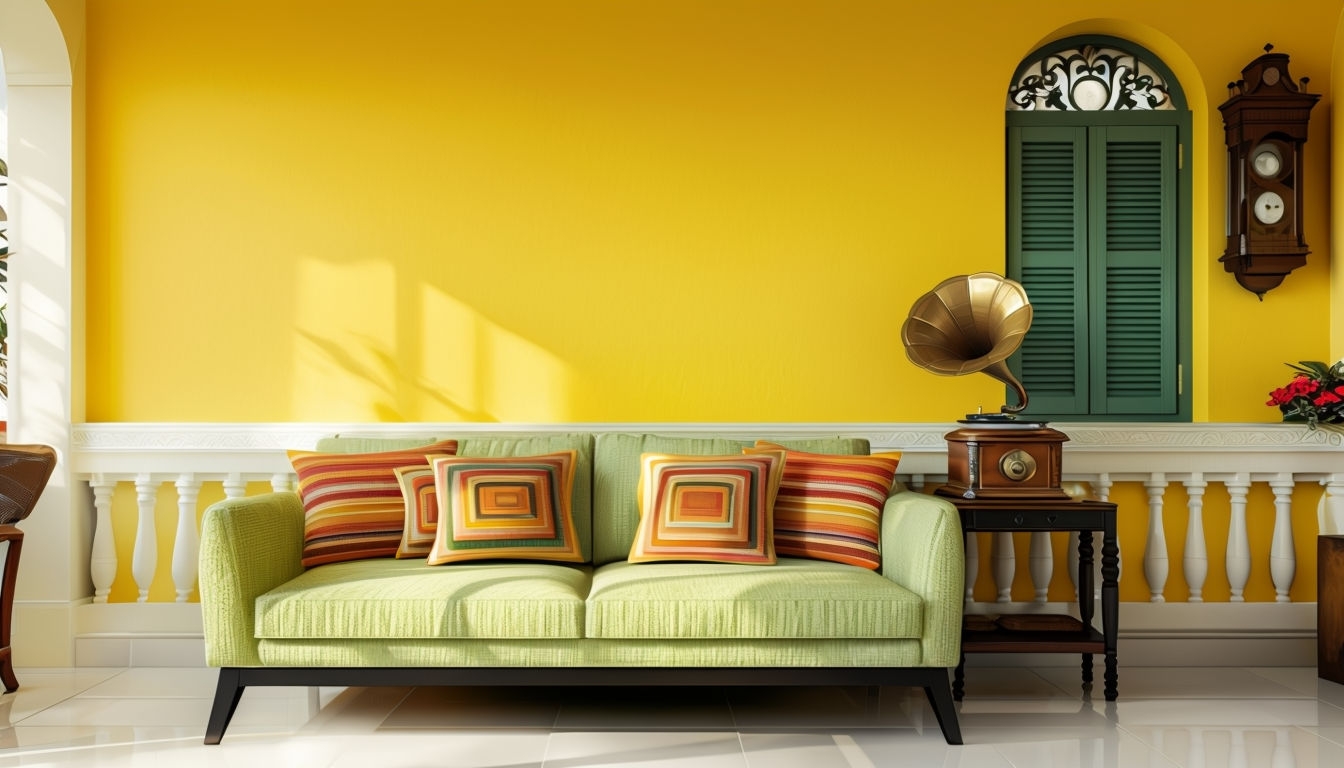 Bright Yellow Modern Living Room Virtual Background Design