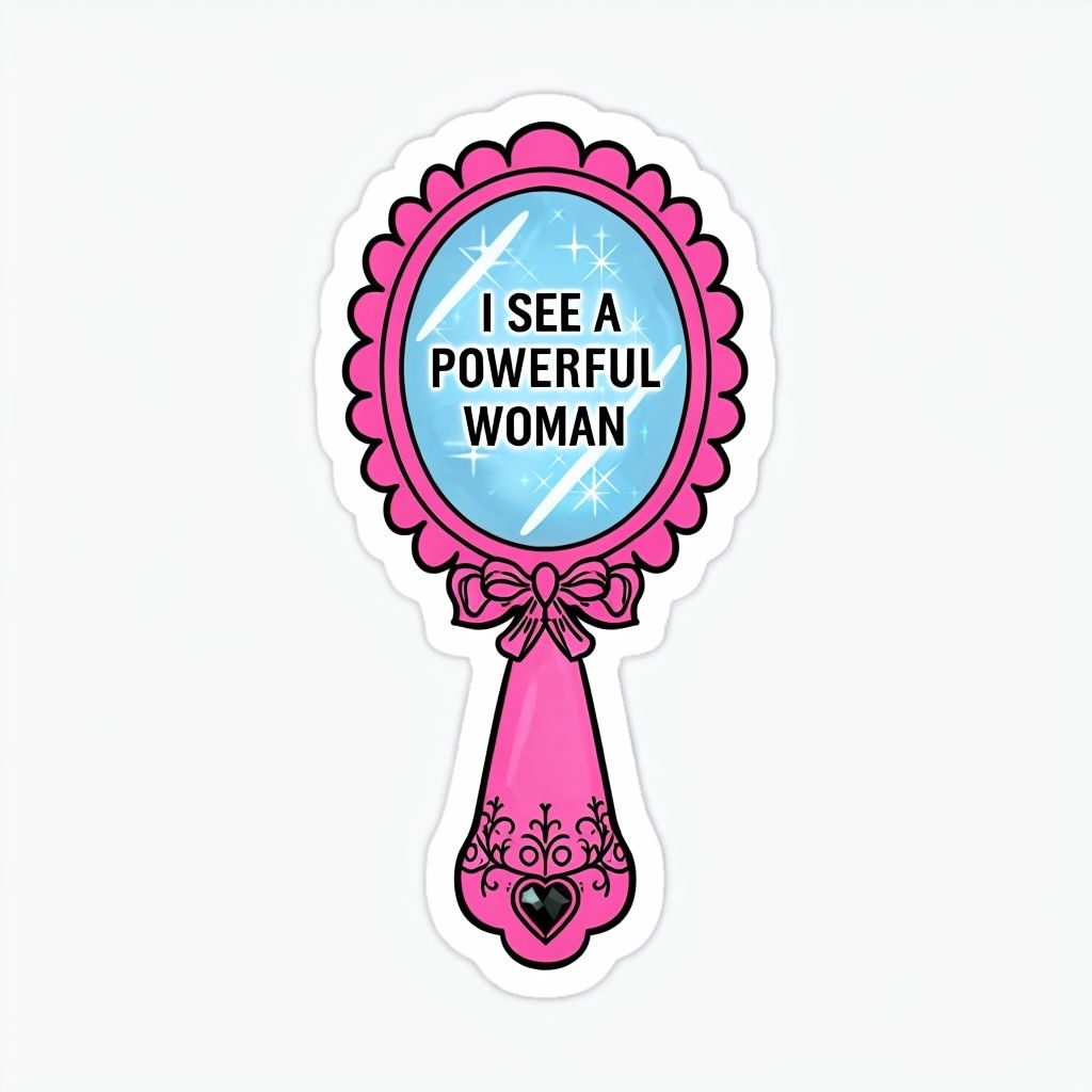 Ornate Pink Hand Mirror with Powerful Woman Quote Sticker