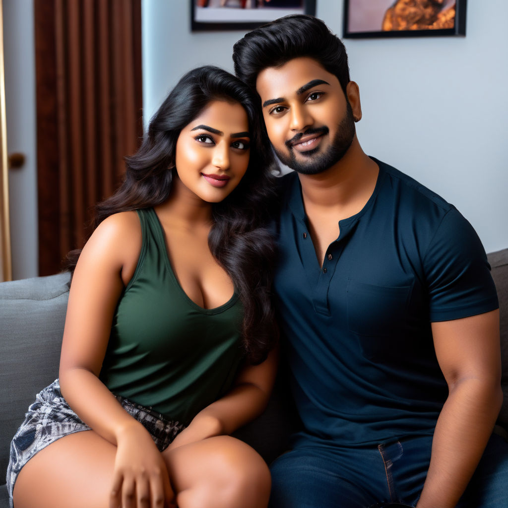 hot curvy Very white skin tonned Telugu actress with thick thighs wearing a  night dress with deep neckline tutoring with her boyfriend at her home.