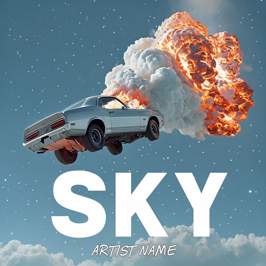 Surreal Silver Muscle Car in Sky with Fiery Explosion Album Cover