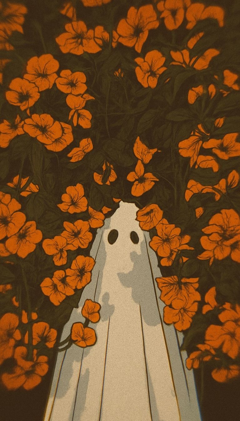 Vintage Ghost Surrounded by Vibrant Orange Flowers Mobile Wallpaper