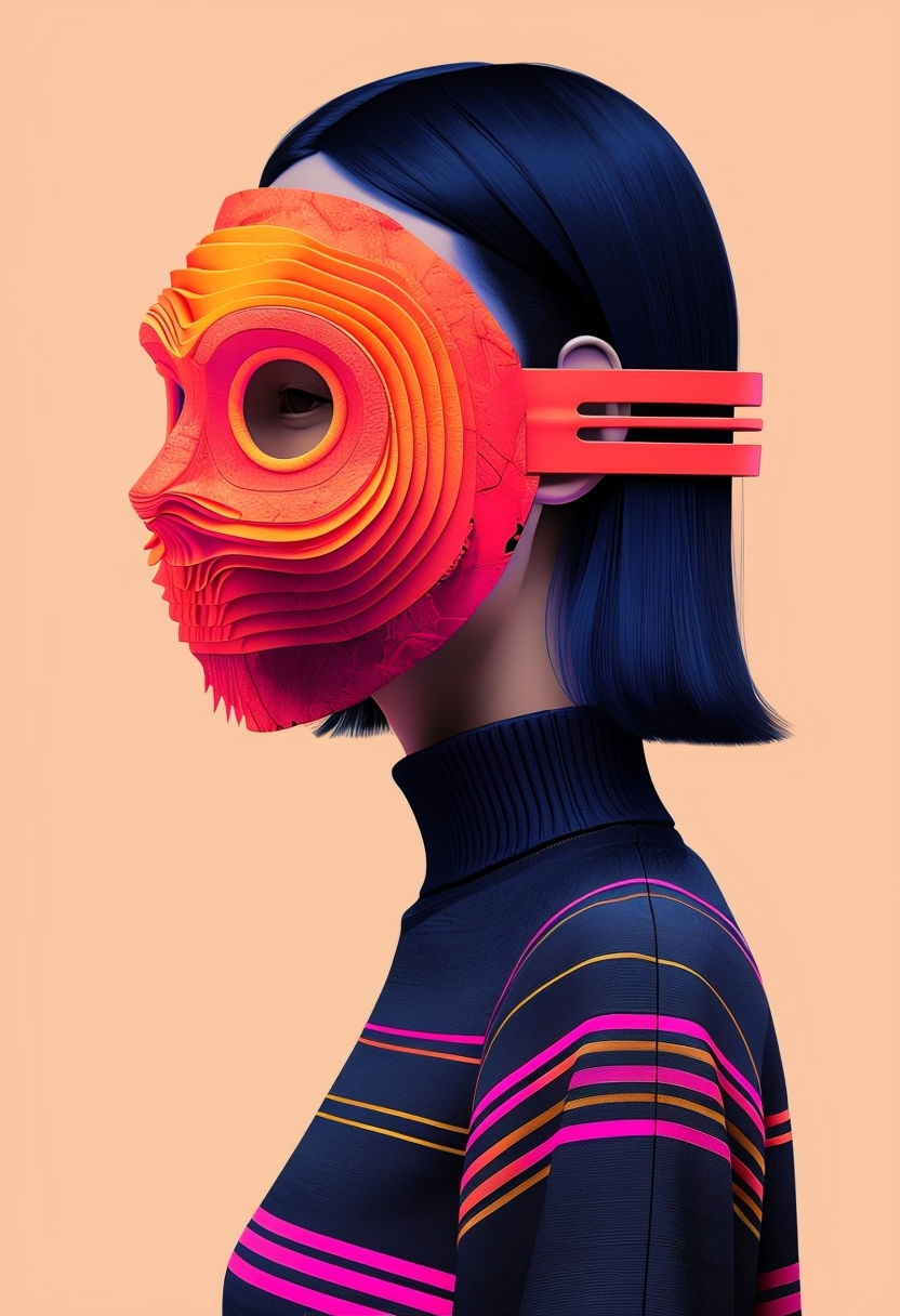 Futuristic Abstract Portrait with Neon Mask and Vibrant Hair Art