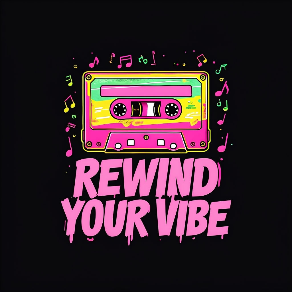 Retro Neon Cassette Tape T-Shirt with Graffiti Style Design