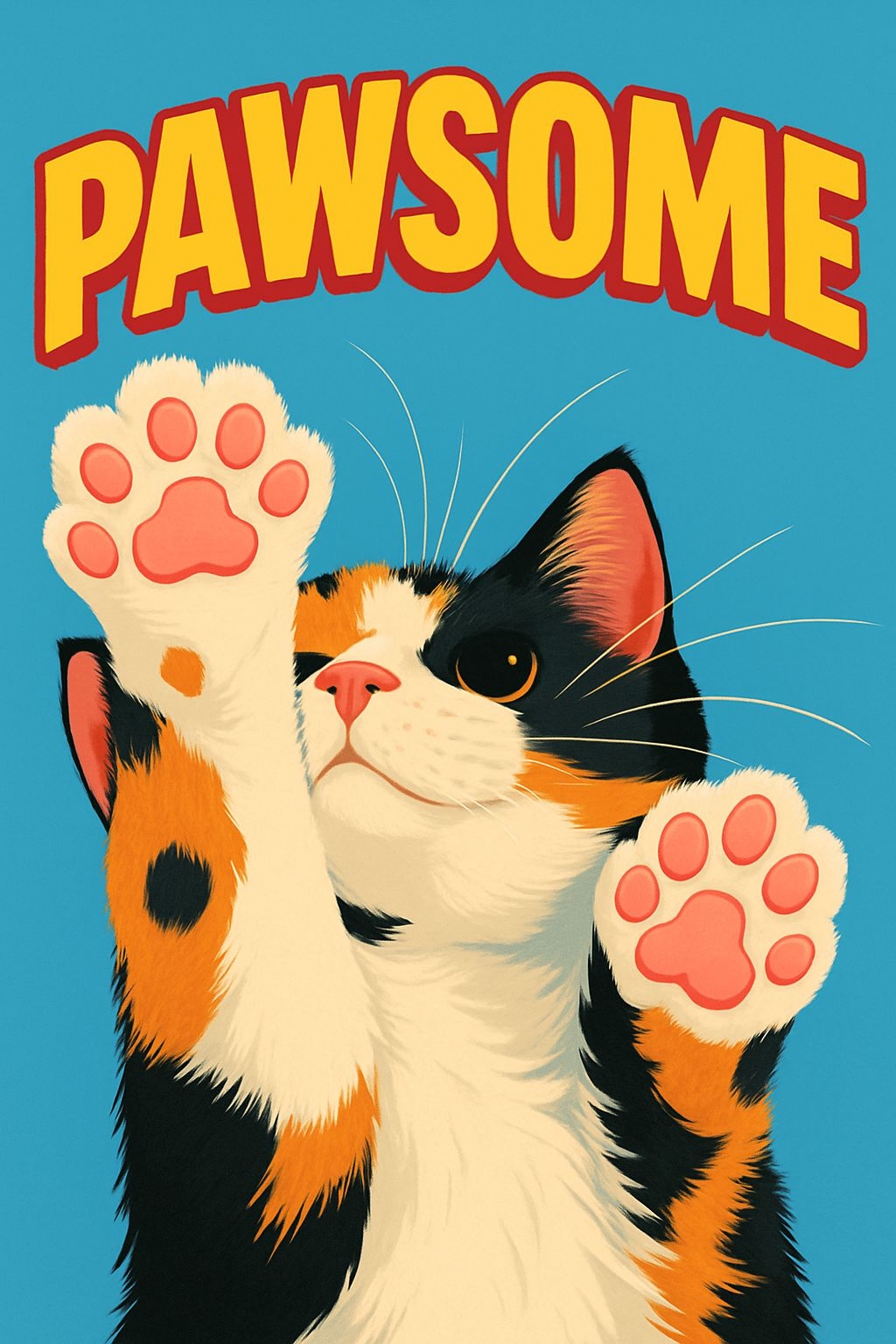 Playful Calico Cat Illustration with Pawsome Text Poster