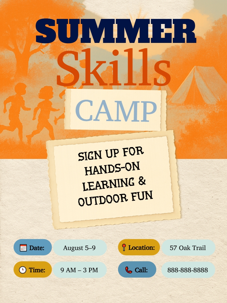 Vintage Summer Skills Camp Promotional Poster Design Flyer