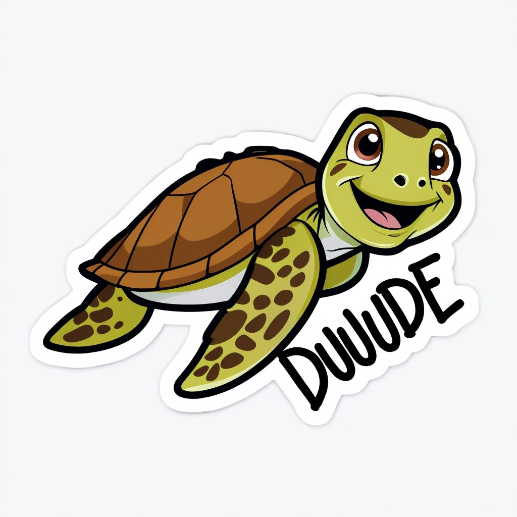 Cheerful Cartoon Sea Turtle with Duuude Text Sticker