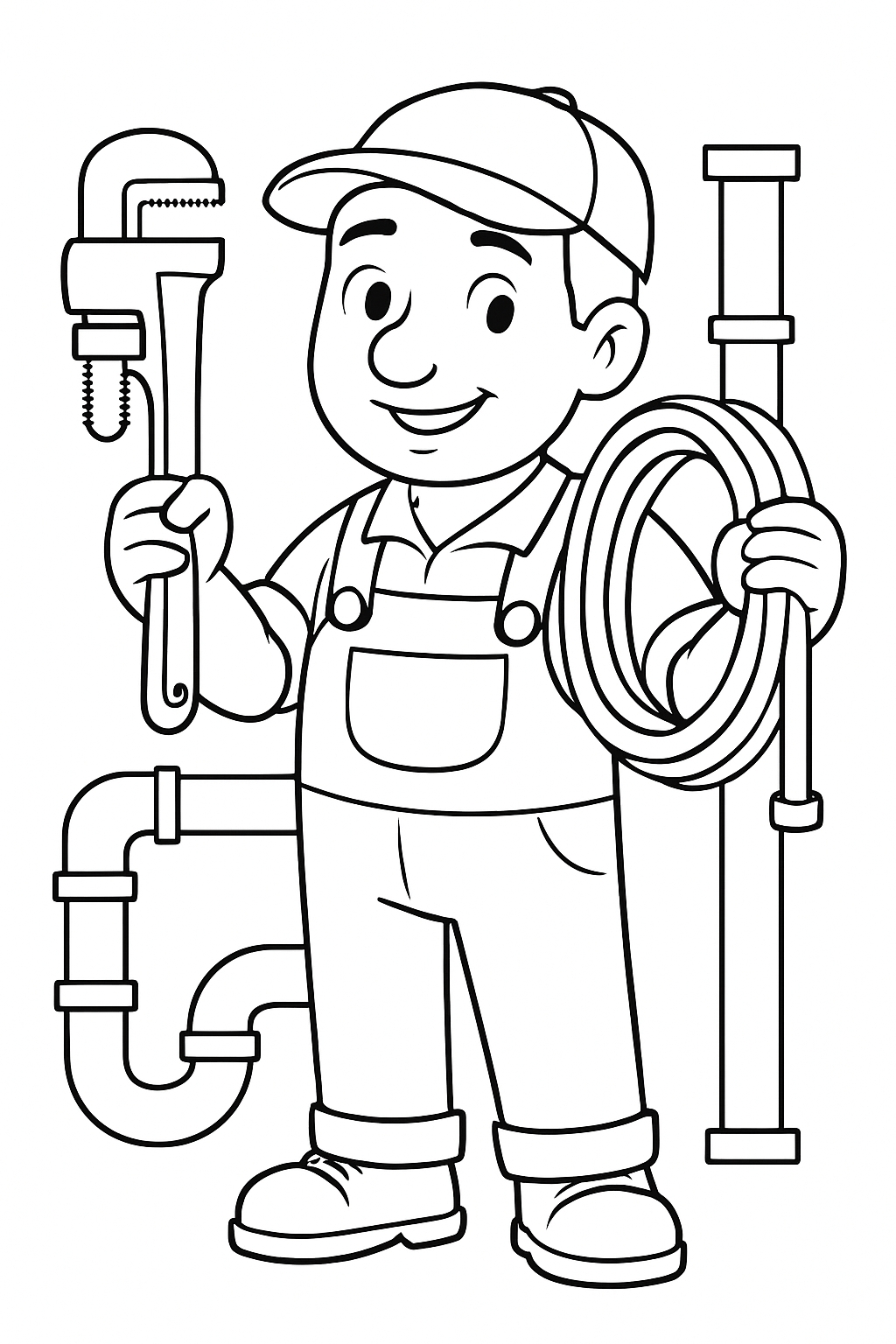 Cheerful Cartoon Plumber with Tools Black and White Drawing Coloring Book Pages