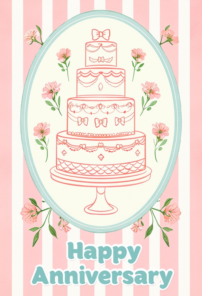 Whimsical Watercolor Four-Tiered Cake Anniversary Card Design
