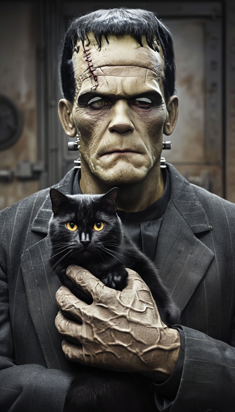 Gothic Frankenstein Character Embracing Black Cat Art