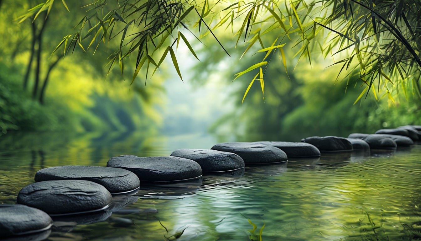 Tranquil Nature Path of Basalt Stones Over Clear Water Background