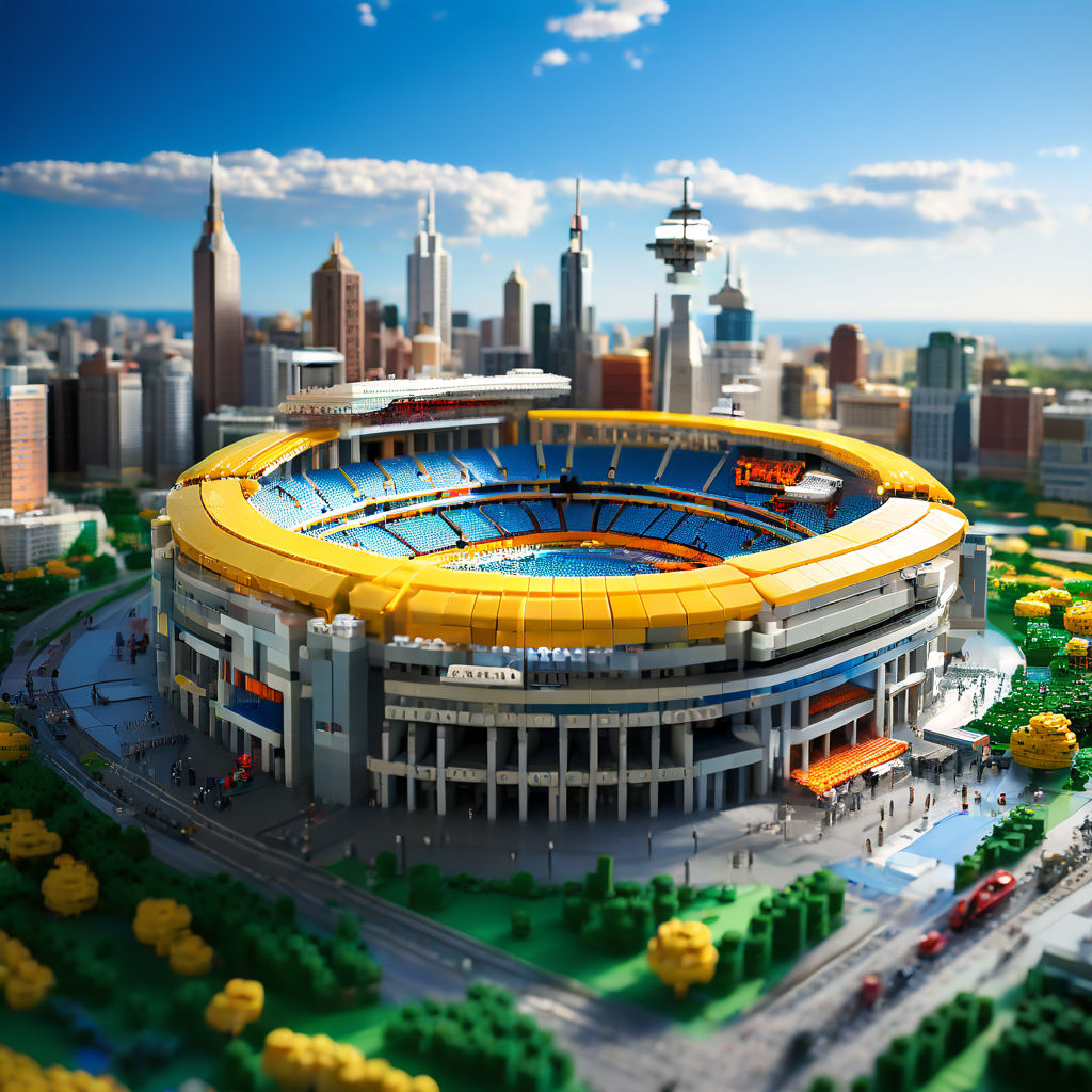 A photorealistic stadium made of lego and viewed from the sk... by The ...